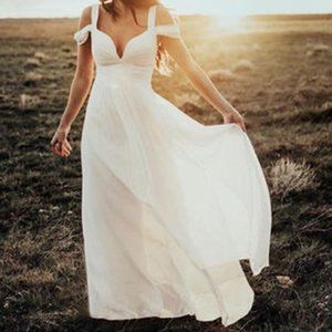 A-Line/Princess Short Sleeves V-neck Straps Floor-Length Ruffles Chiffon Dress